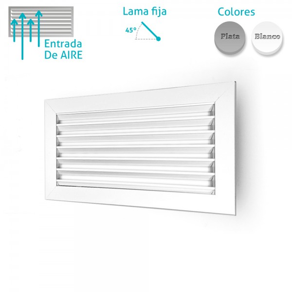 Rejilla de puerta en aluminio con aletas fijas en . V y contramarco. Lacada en blanco.